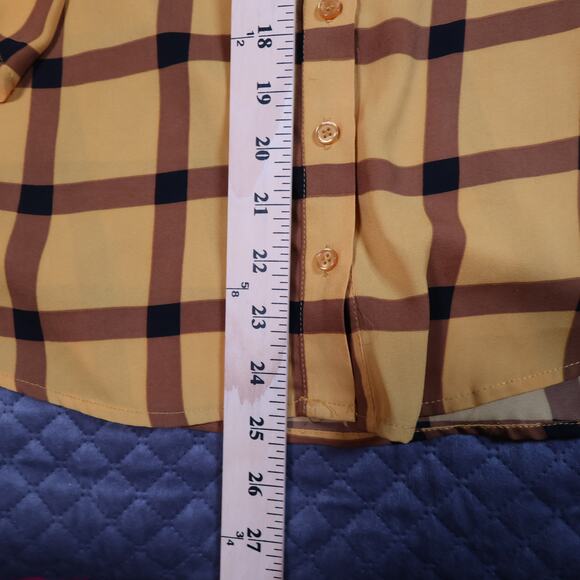 7th Ave New York & Company Blouse Yellow & Brown Plaid Tie-V-Neck 3/4 Sleeve M - Picture 9 of 11